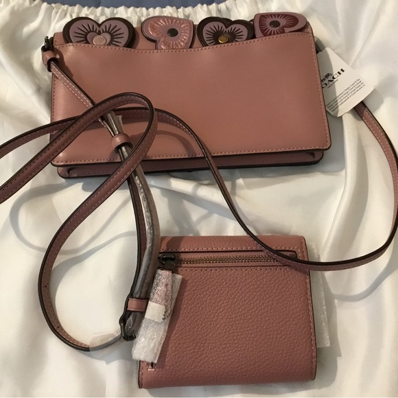 NWT Coach Dusty Rose Heart Fold-over Crossbody Clutch & RARE Matching Wallet Set - Picture 5 of 16